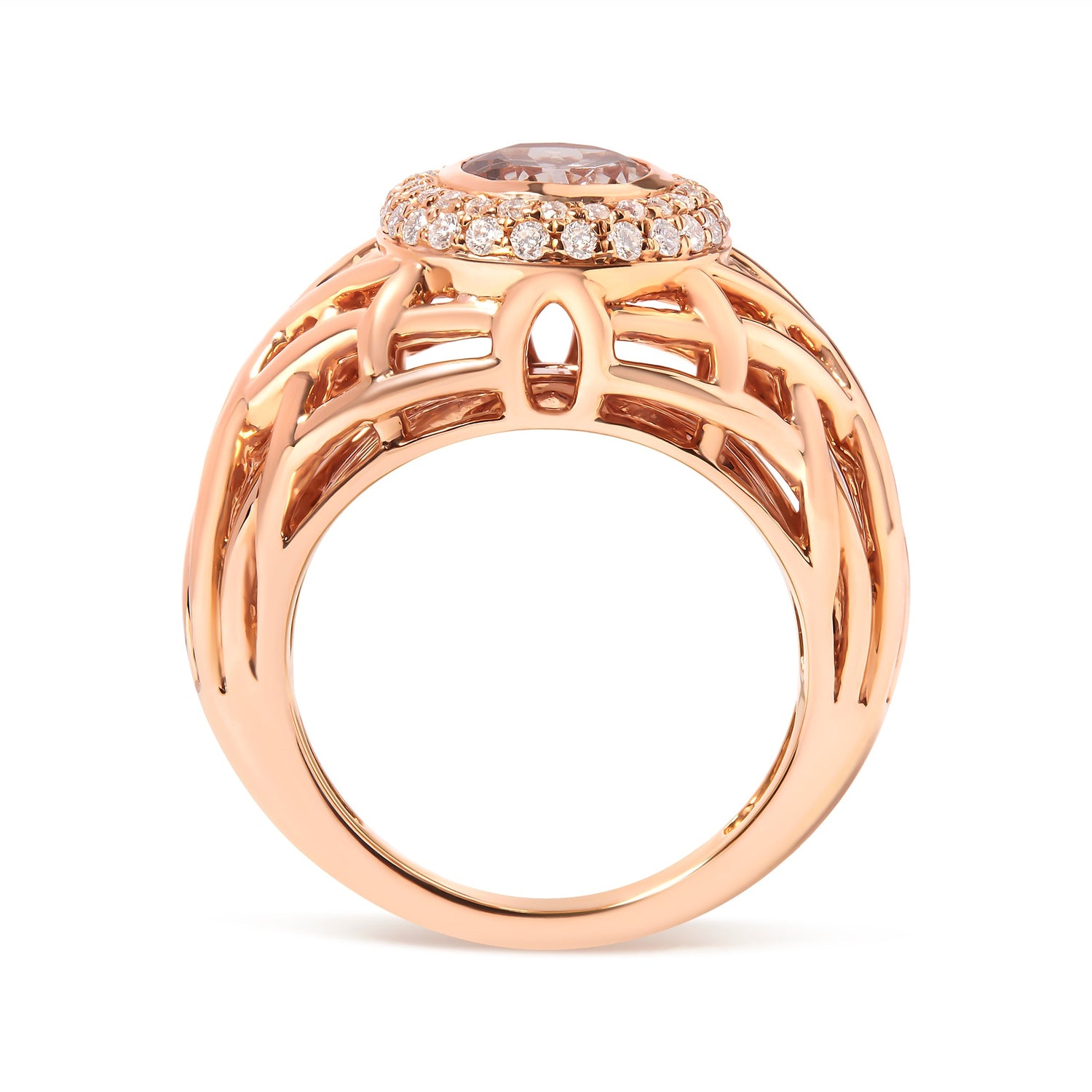 14K Rose Gold Oval Cut Light Pink Morganite and 3/8 Cttw Diamonds Halo and Basket Weave Cocktail Ring (G-H Color, SI1-SI2 Clarity) - Size 7 