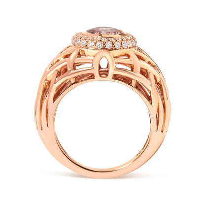 14K Rose Gold Oval Cut Light Pink Morganite and 3/8 Cttw Diamonds Halo and Basket Weave Cocktail Ring (G-H Color, SI1-SI2 Clarity) - Size 7 