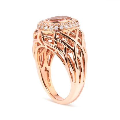 14K Rose Gold Oval Cut Light Pink Morganite and 3/8 Cttw Diamonds Halo and Basket Weave Cocktail Ring (G-H Color, SI1-SI2 Clarity) - Size 7 