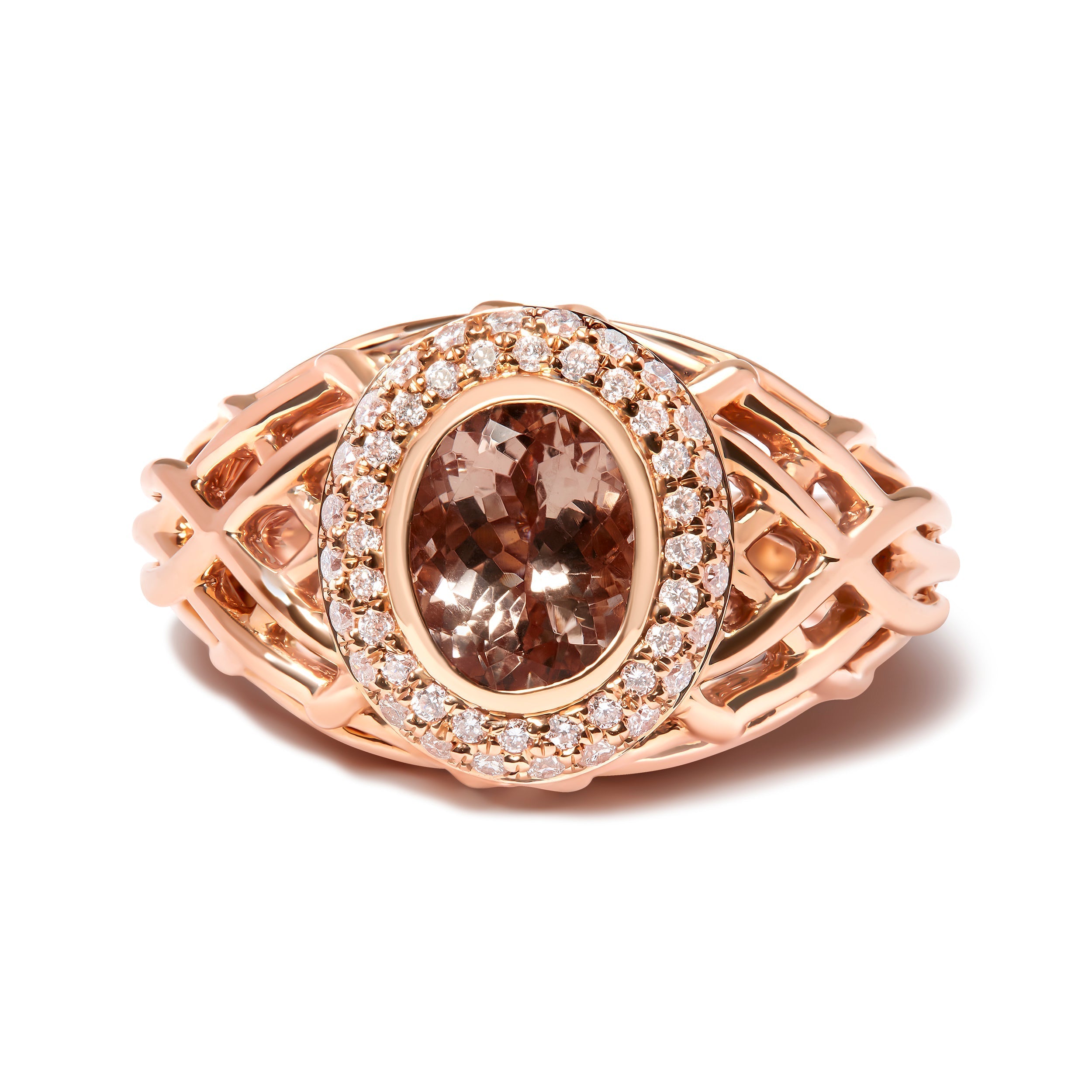 14K Rose Gold Oval Cut Light Pink Morganite and 3/8 Cttw Diamonds Halo and Basket Weave Cocktail Ring (G-H Color, SI1-SI2 Clarity) - Size 7 