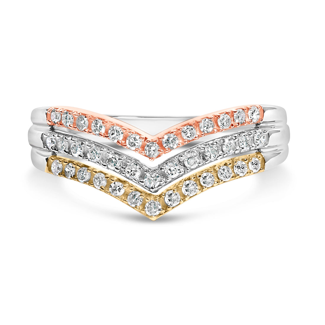 10K Gold Plated Sterling Silver 1/3 Cttw Tri-Color Chevron Diamond Stackable Ring  DestGlow