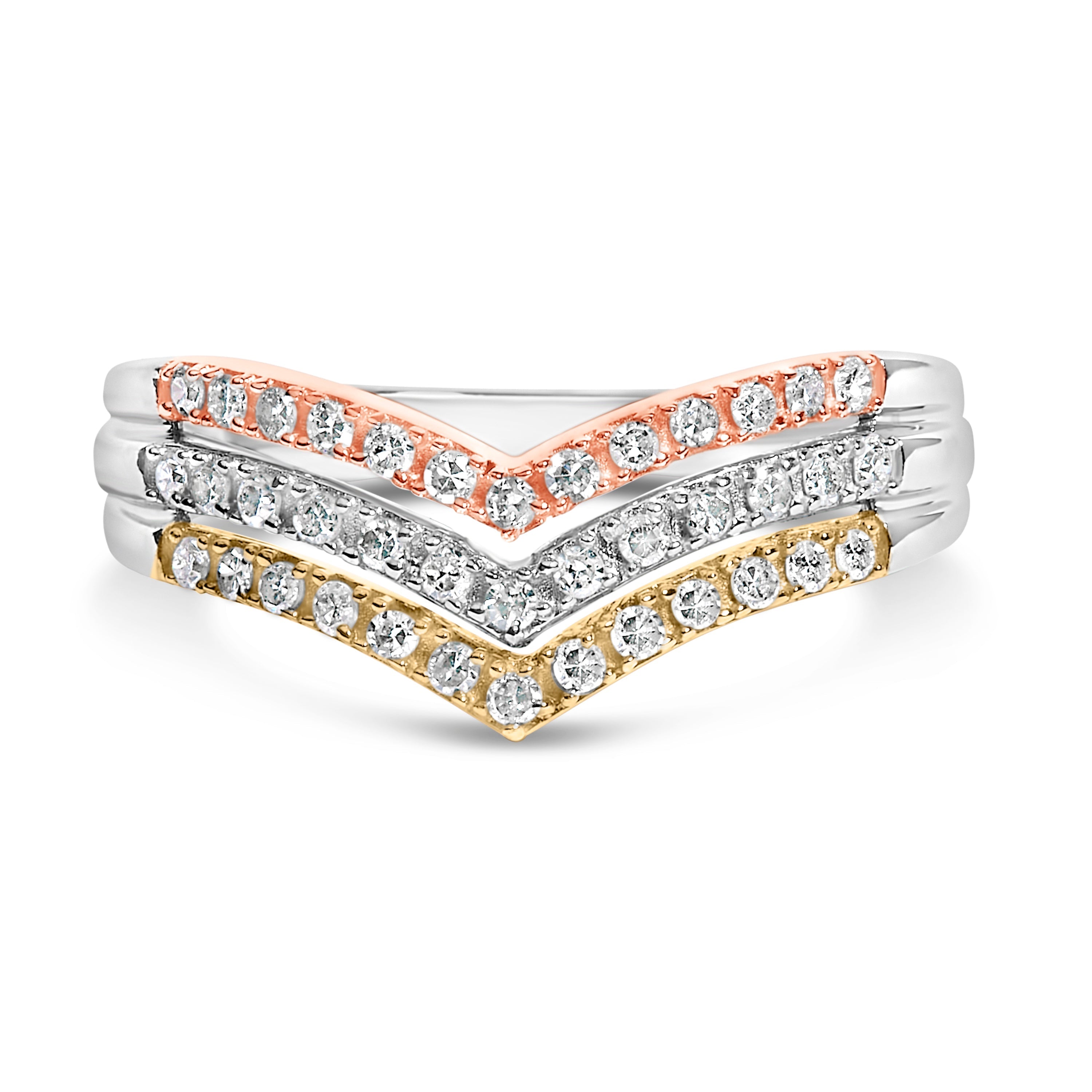 10K Gold Plated Sterling Silver 1/3 Cttw Tri-Color Chevron Diamond Stackable Ring  DestGlow