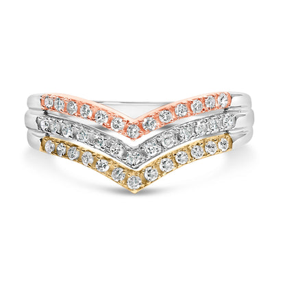 10K Gold Plated Sterling Silver 1/3 Cttw Tri-Color Chevron Diamond Stackable Ring  DestGlow