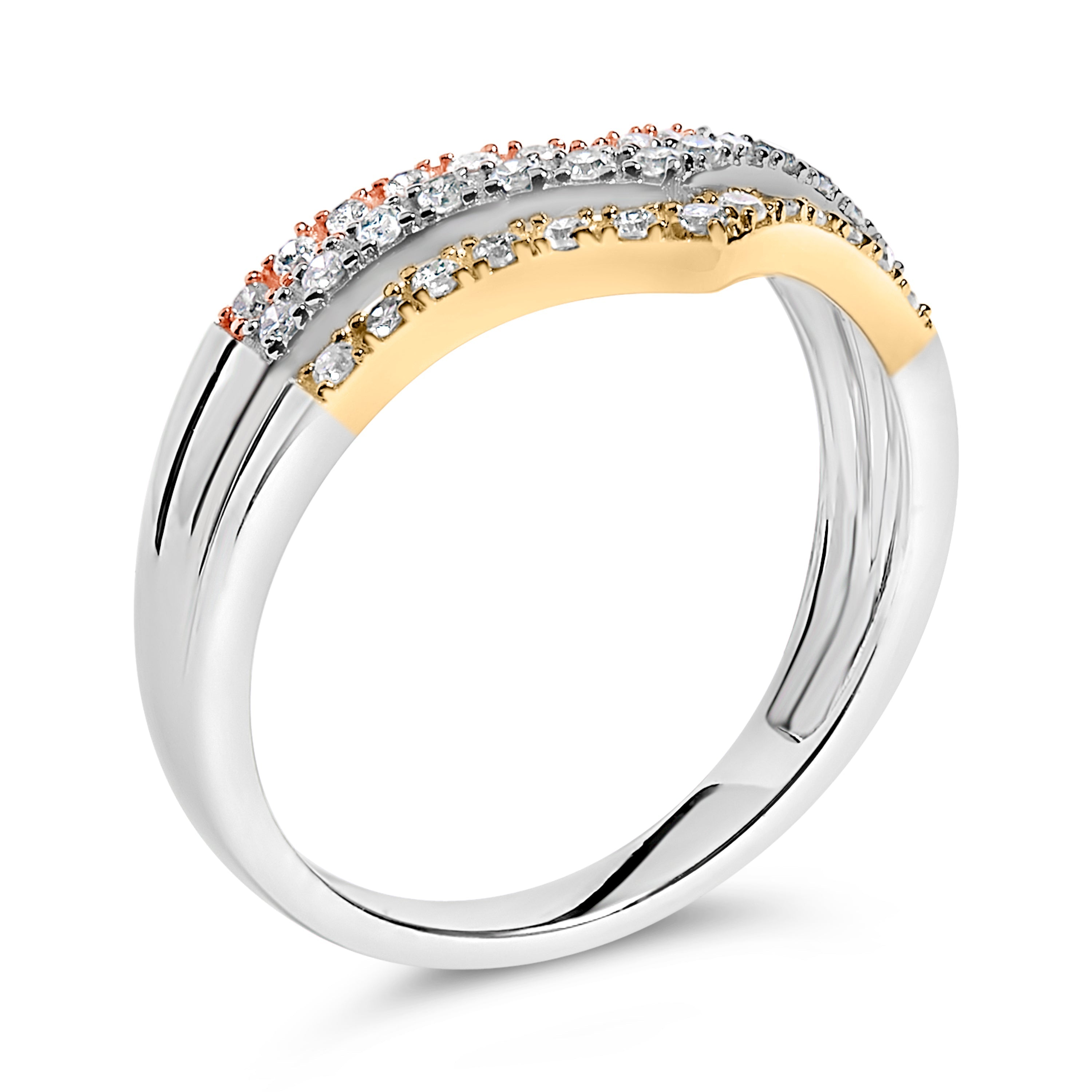 10K Gold Plated Sterling Silver 1/3 Cttw Tri-Color Chevron Diamond Stackable Ring  DestGlow