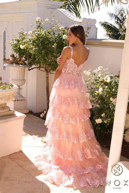 Nox Anabel R1299 Long Off the Shoulder Tiered Skirt A-Line Formal Gown  DestGlow
