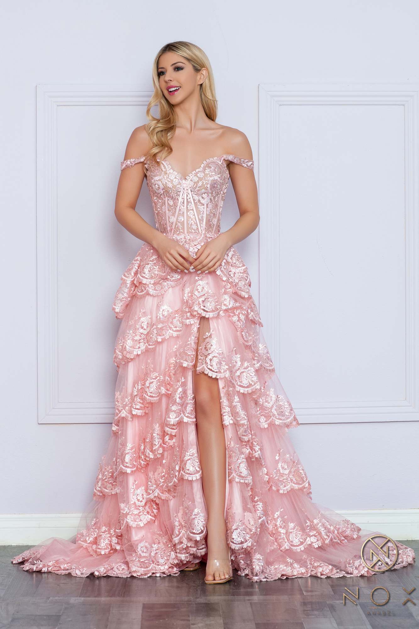 Nox Anabel R1299 Long Off the Shoulder Tiered Skirt A-Line Formal Gown  DestGlow