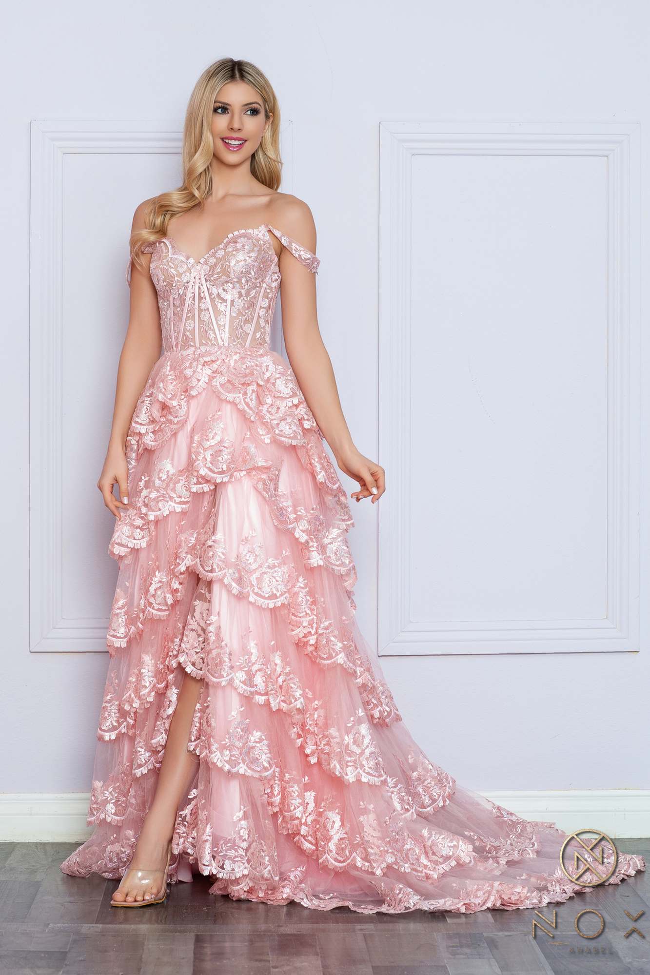 Nox Anabel R1299 Long Off the Shoulder Tiered Skirt A-Line Formal Gown  DestGlow