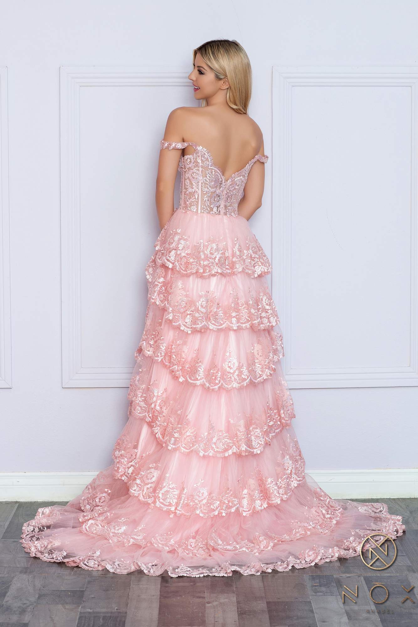Nox Anabel R1299 Long Off the Shoulder Tiered Skirt A-Line Formal Gown  DestGlow
