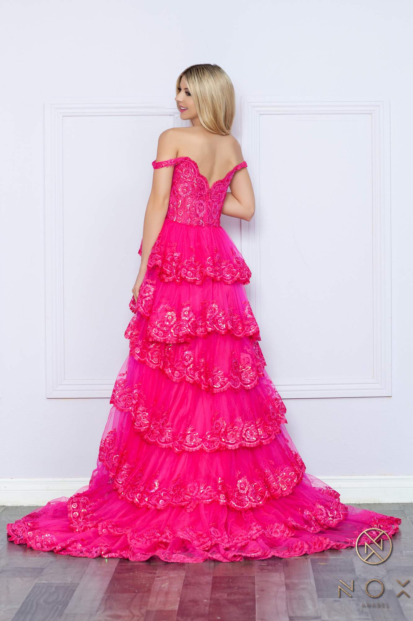 Nox Anabel R1299 Long Off the Shoulder Tiered Skirt A-Line Formal Gown  DestGlow