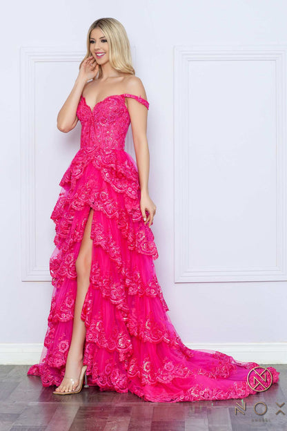 Nox Anabel R1299 Long Off the Shoulder Tiered Skirt A-Line Formal Gown  DestGlow