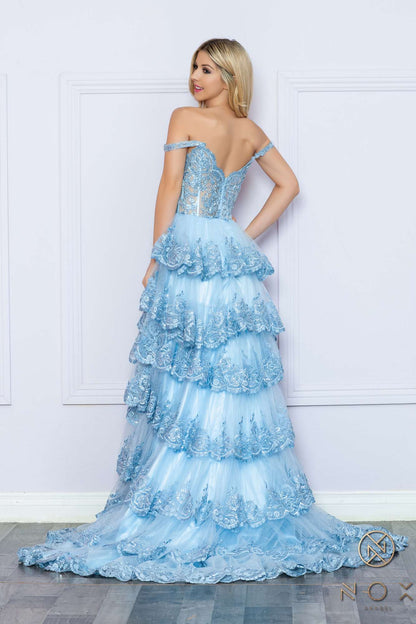 Nox Anabel R1299 Long Off the Shoulder Tiered Skirt A-Line Formal Gown  DestGlow