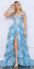 Nox Anabel R1299 Long Off the Shoulder Tiered Skirt A-Line Formal Gown  DestGlow