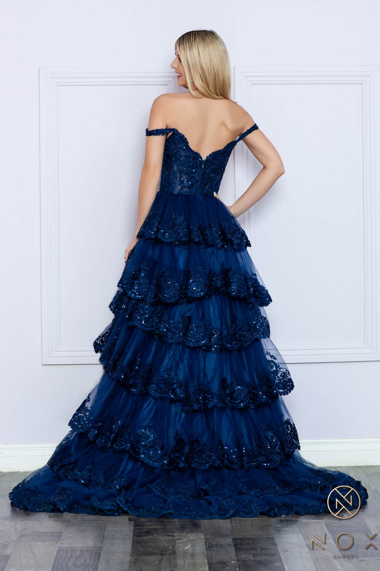 Nox Anabel R1299 Long Off the Shoulder Tiered Skirt A-Line Formal Gown by DiscountDressShop