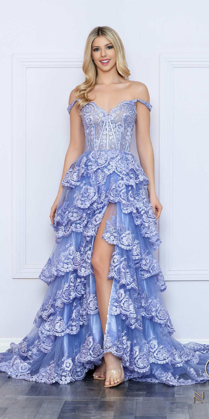 Nox Anabel R1299 Long Off the Shoulder Tiered Skirt A-Line Formal Gown by DiscountDressShop