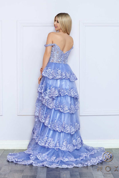 Nox Anabel R1299 Long Off the Shoulder Tiered Skirt A-Line Formal Gown by DiscountDressShop