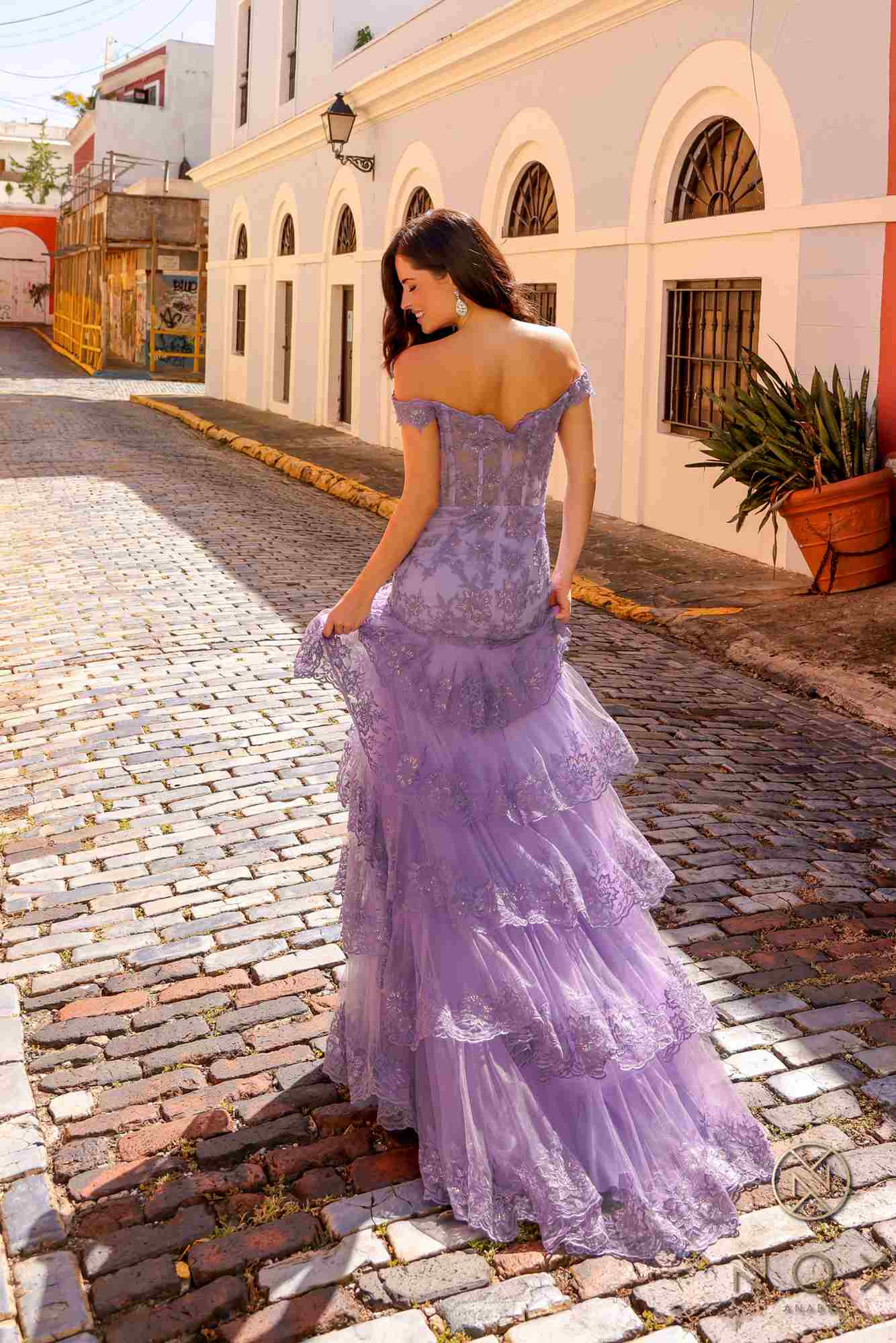Nox Anabel R1301 Long Layered Tiered Skirt Off Shoulder Corset Dress by DiscountDressShop