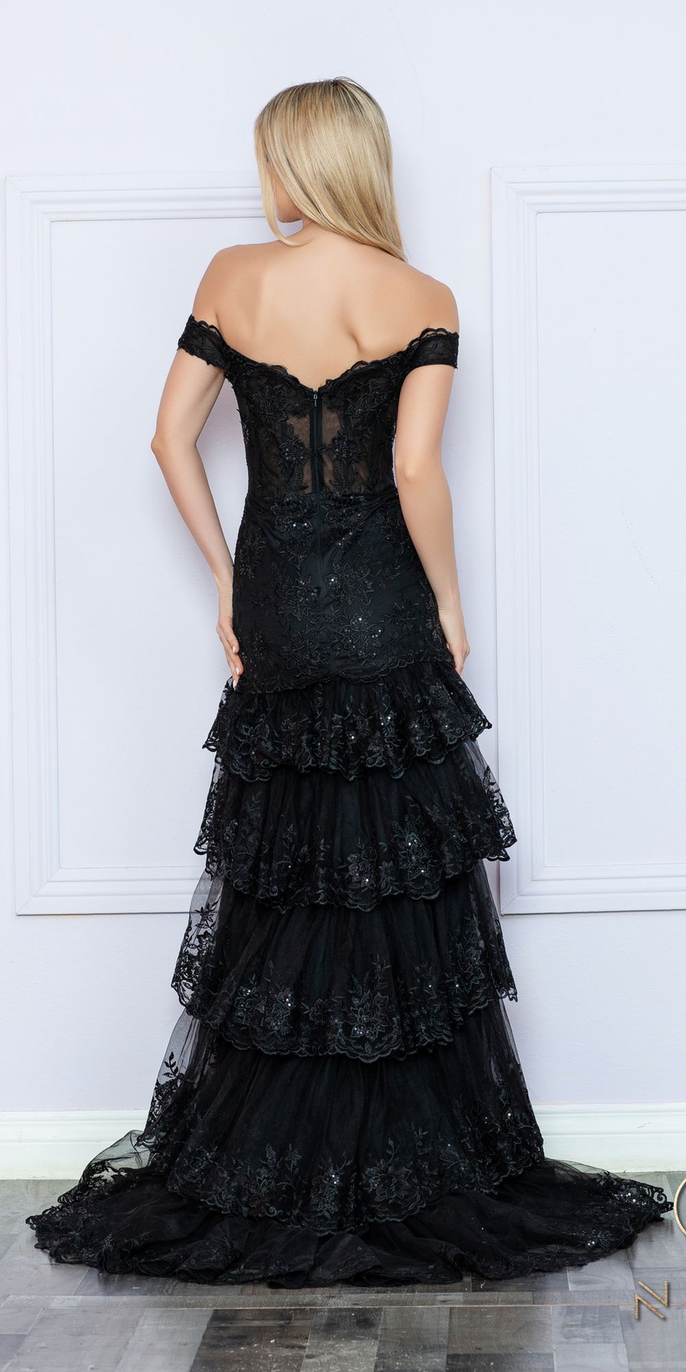Nox Anabel R1301 Long Layered Tiered Skirt Off Shoulder Corset Dress by DiscountDressShop