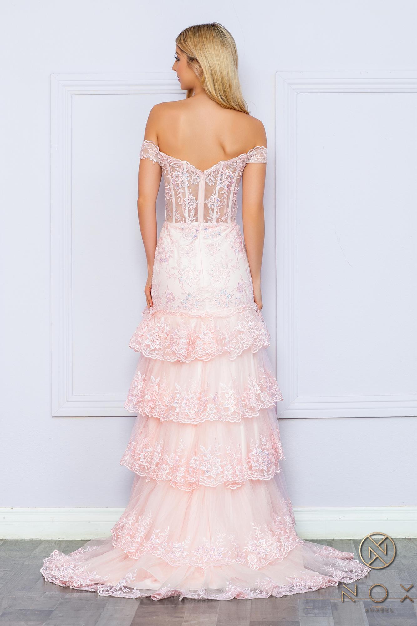 Nox Anabel R1301 Long Layered Tiered Skirt Off Shoulder Corset Dress by DiscountDressShop