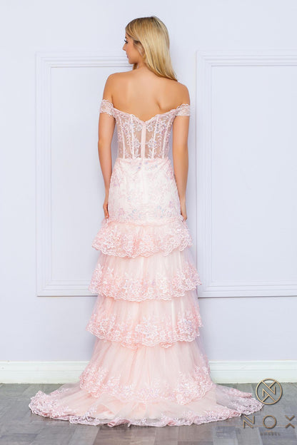 Nox Anabel R1301 Long Layered Tiered Skirt Off Shoulder Corset Dress by DiscountDressShop