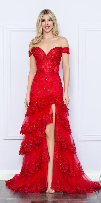 Nox Anabel R1301 Long Layered Tiered Skirt Off Shoulder Corset Dress by DiscountDressShop