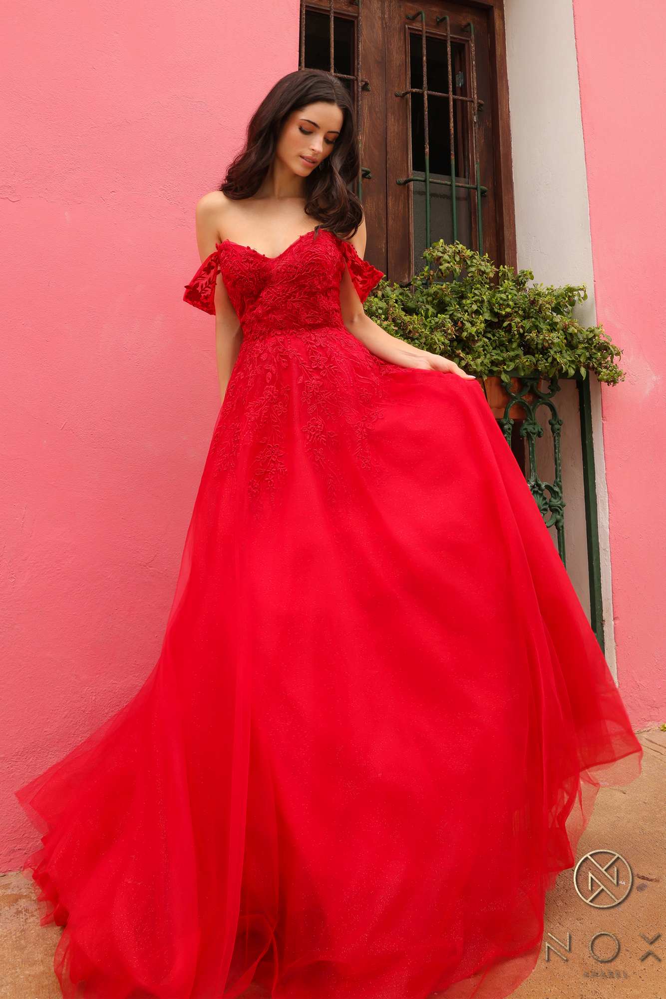 Nox Anabel R1303 Long Off the Shoulder Sweetheart Tulle A-Line Gown  DestGlow