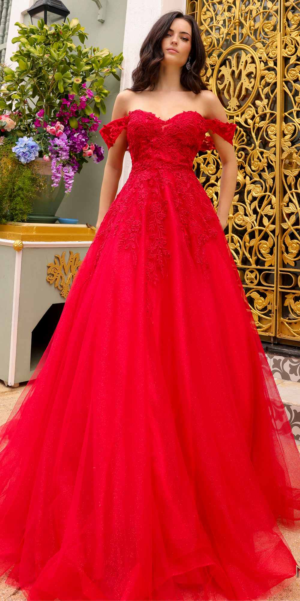 Nox Anabel R1303 Long Off the Shoulder Sweetheart Tulle A-Line Gown  DestGlow