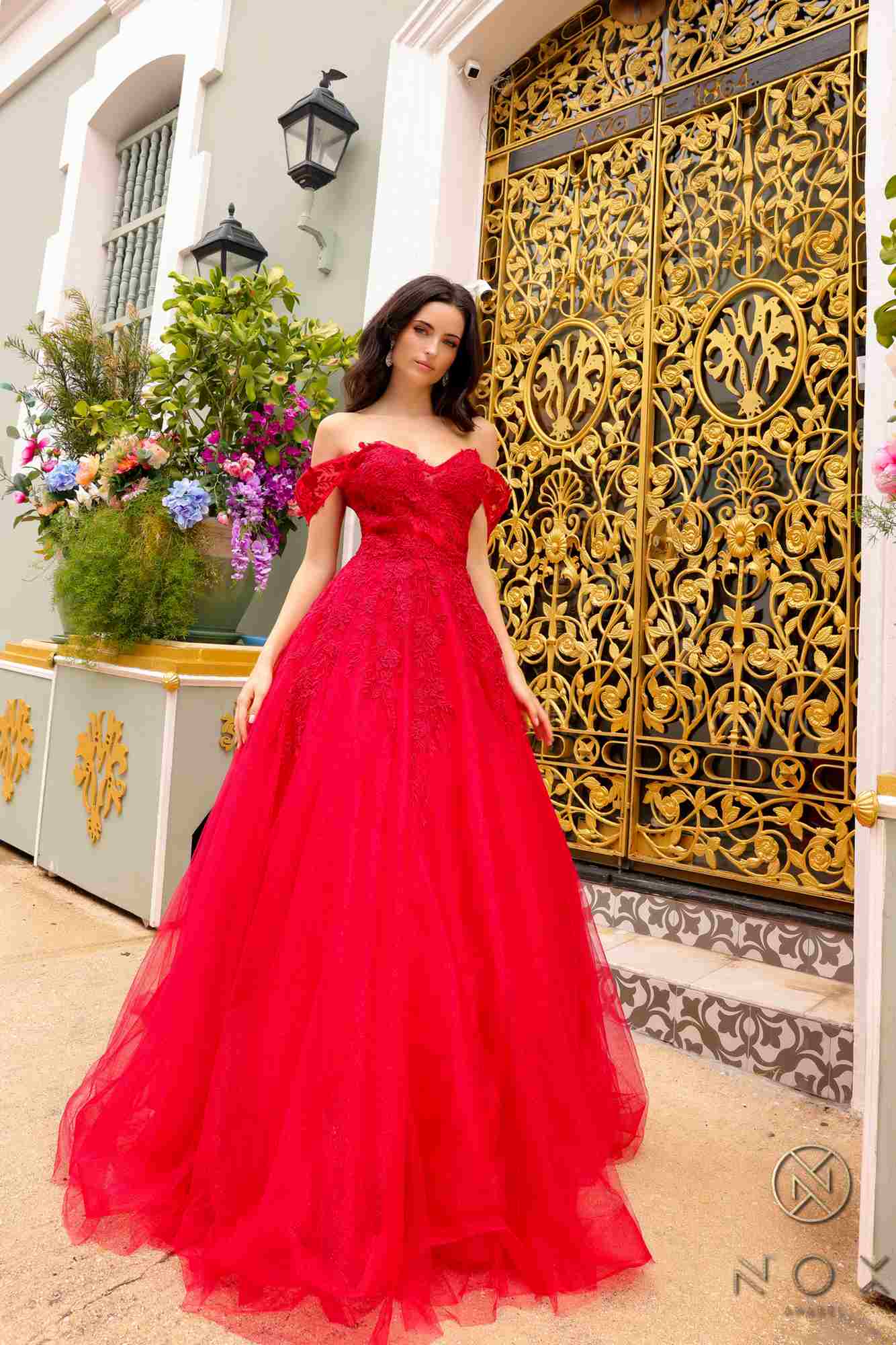 Nox Anabel R1303 Long Off the Shoulder Sweetheart Tulle A-Line Gown  DestGlow
