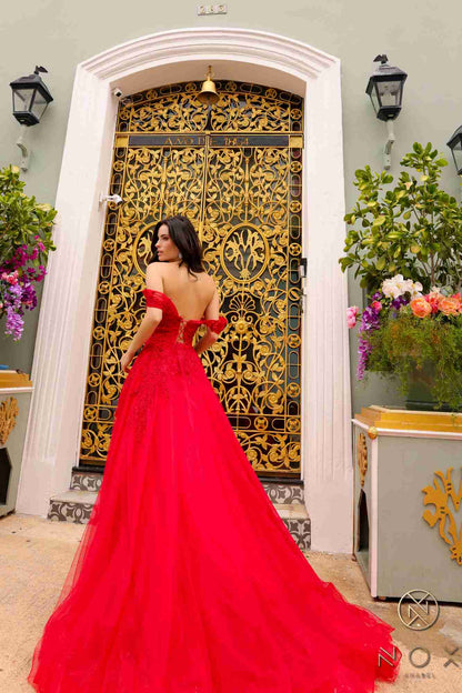 Nox Anabel R1303 Long Off the Shoulder Sweetheart Tulle A-Line Gown  DestGlow