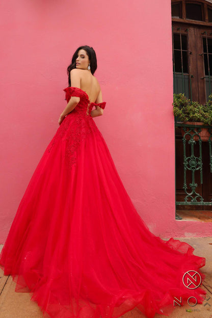 Nox Anabel R1303 Long Off the Shoulder Sweetheart Tulle A-Line Gown  DestGlow