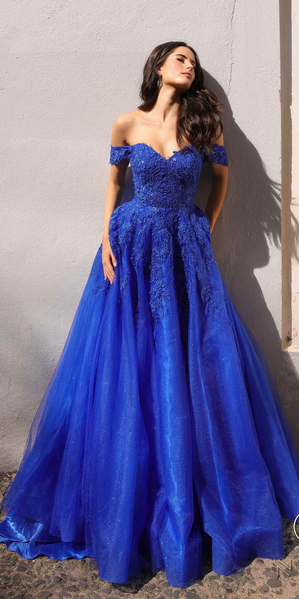 Nox Anabel R1303 Long Off the Shoulder Sweetheart Tulle A-Line Gown  DestGlow