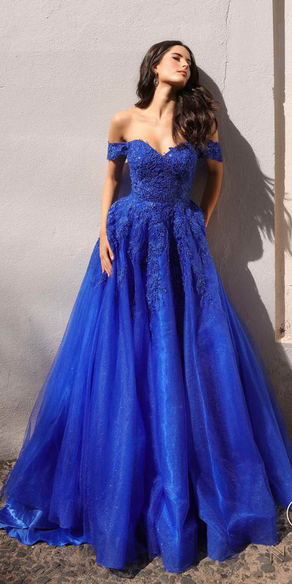 Nox Anabel R1303 Long Off the Shoulder Sweetheart Tulle A-Line Gown  DestGlow