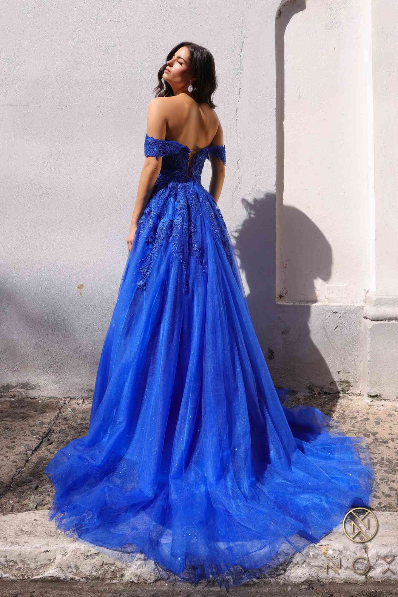 Nox Anabel R1303 Long Off the Shoulder Sweetheart Tulle A-Line Gown  DestGlow