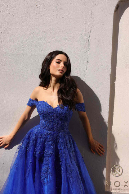 Nox Anabel R1303 Long Off the Shoulder Sweetheart Tulle A-Line Gown  DestGlow