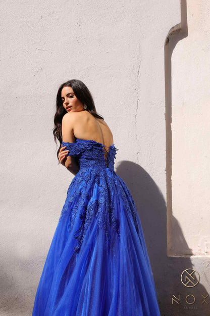 Nox Anabel R1303 Long Off the Shoulder Sweetheart Tulle A-Line Gown  DestGlow