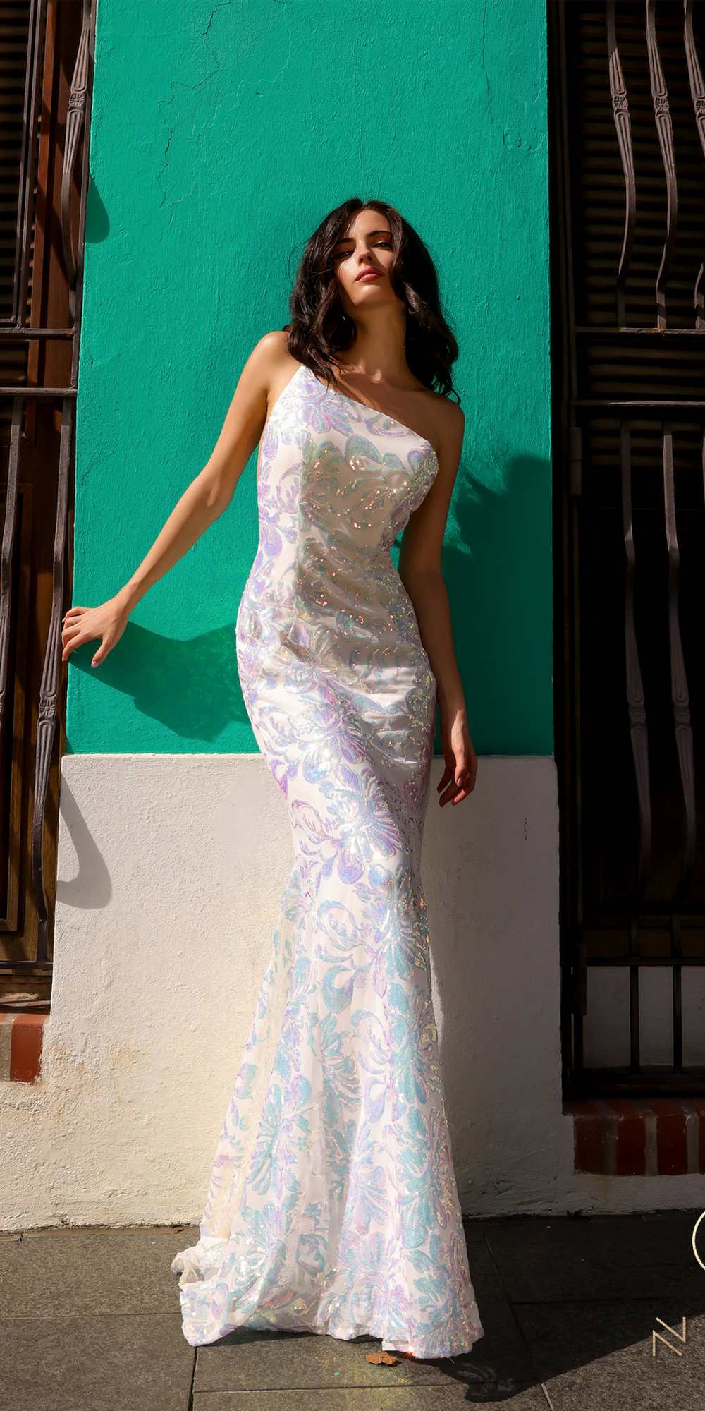 Nox Anabel R1308 Long Sequin Floral Print One Shoulder Mermaid Gown by DiscountDressShop