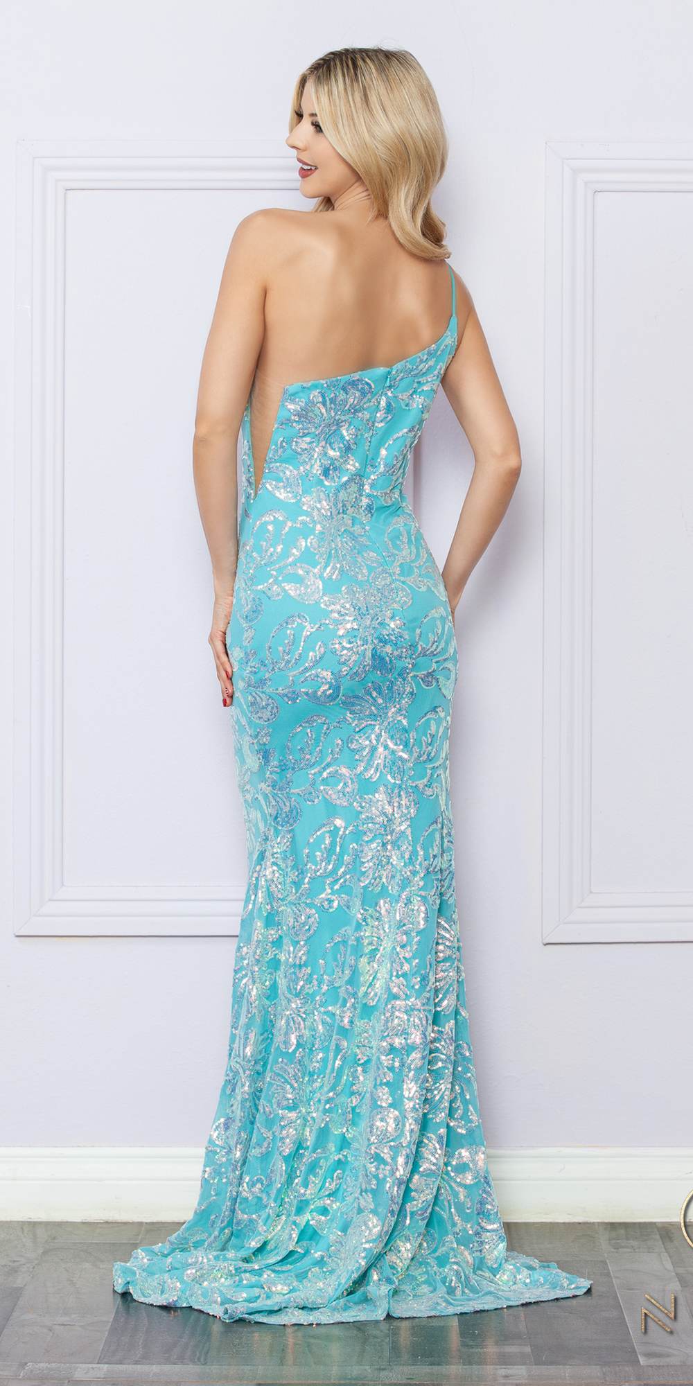 Nox Anabel R1308 Long Sequin Floral Print One Shoulder Mermaid Gown by DiscountDressShop