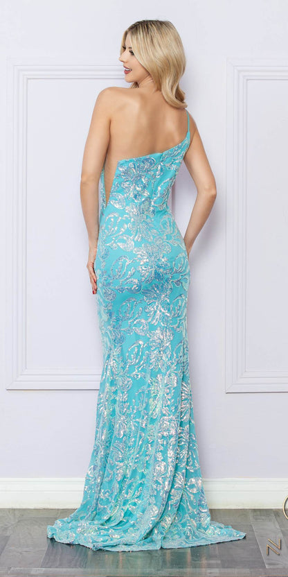 Nox Anabel R1308 Long Sequin Floral Print One Shoulder Mermaid Gown by DiscountDressShop