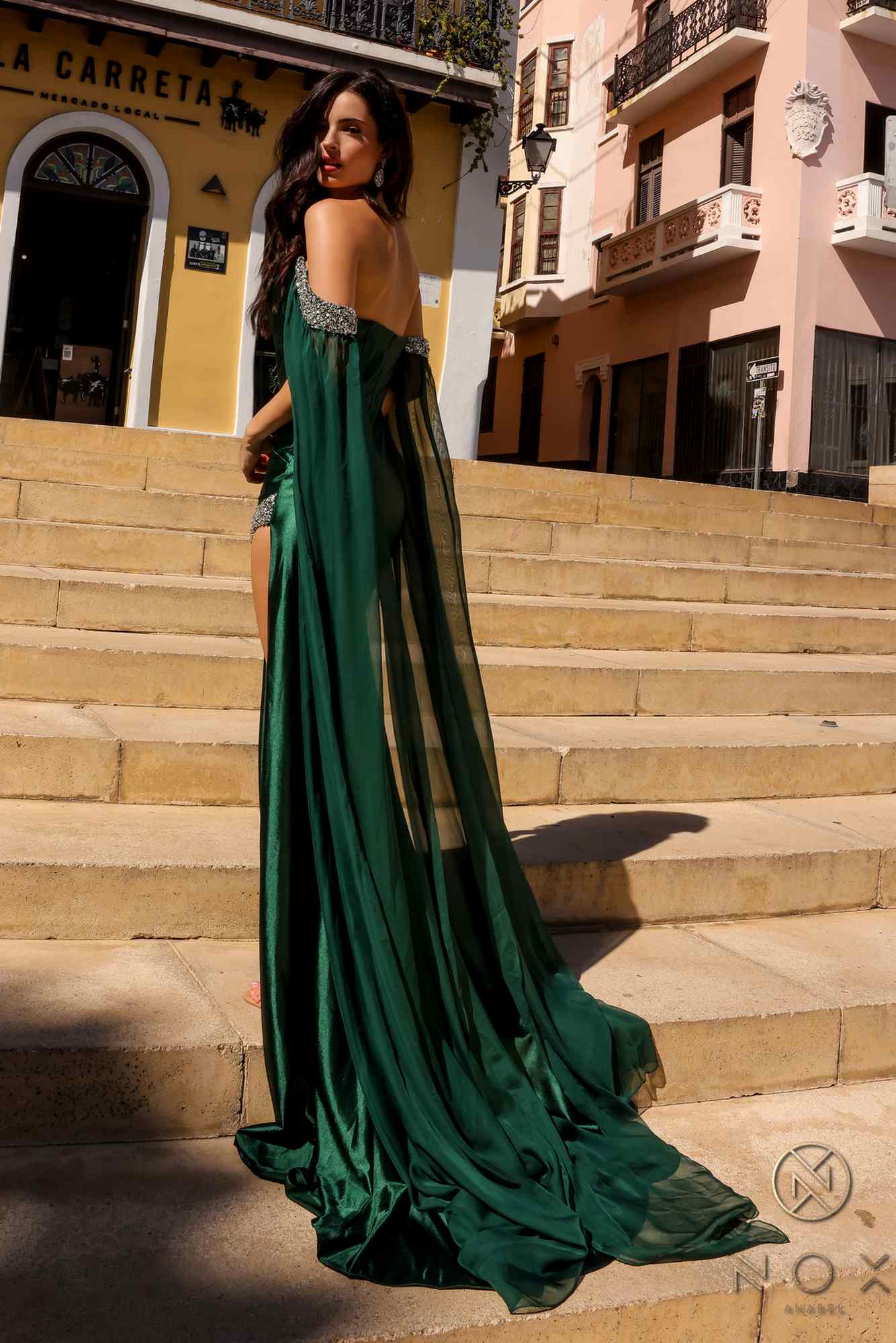 Nox Anabel R1312 Long Chiffon Cape Sleeve Fitted Satin Formal Gown by DiscountDressShop