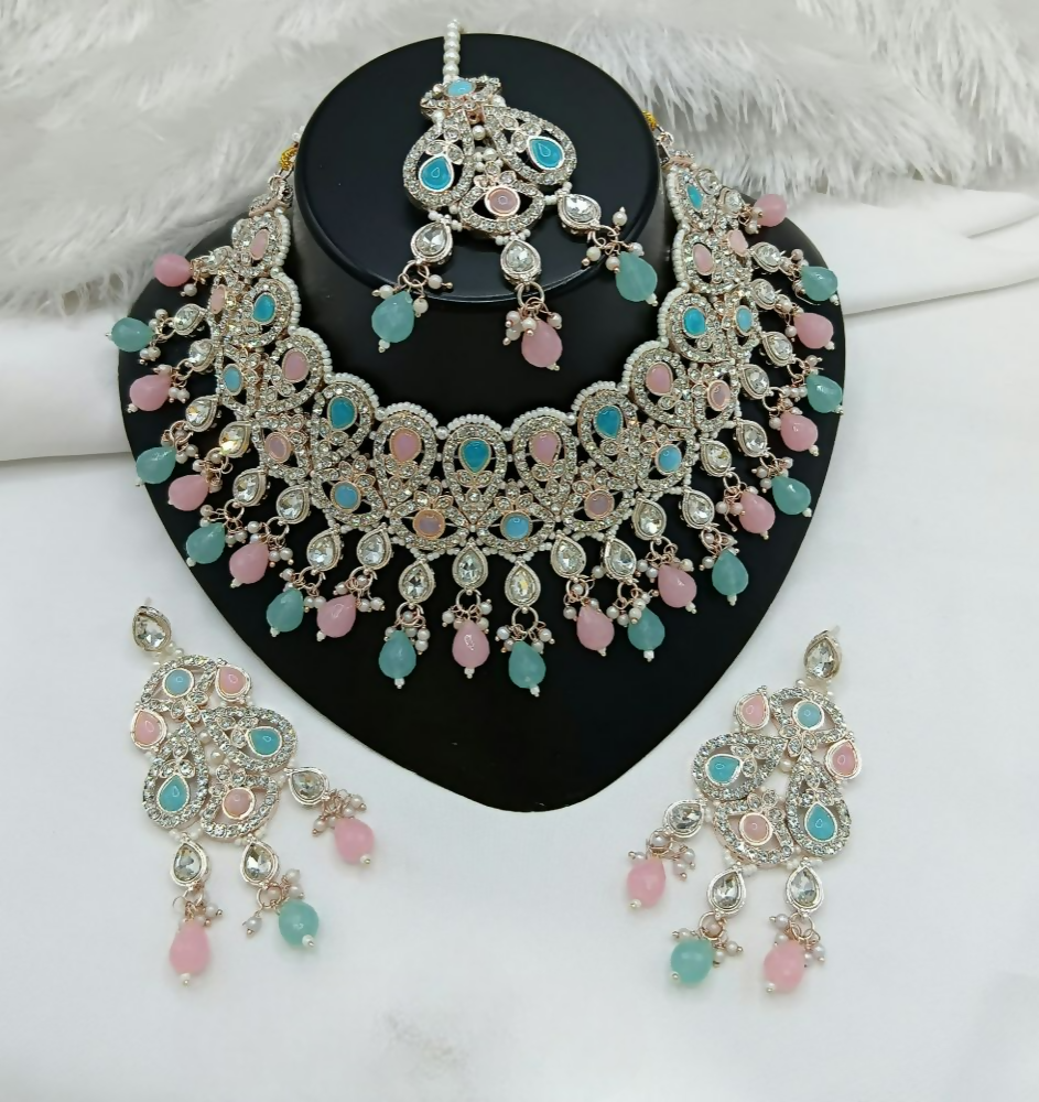 Joban Fashion Pink-Blue Color Stone Work Necklace Set