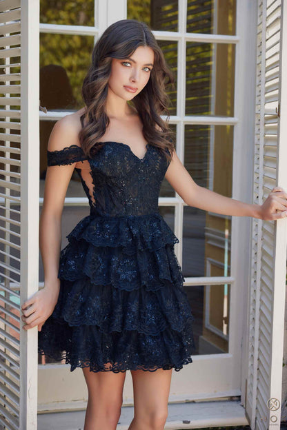 Nox Anabel R877 Dress Short A-Line Off the Shoulder Tiered Skirt by DiscountDressShop