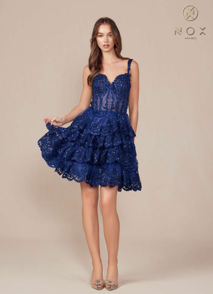 Nox Anabel R880 Dress Short A-Line Tiered Embroidered Skirt by DiscountDressShop