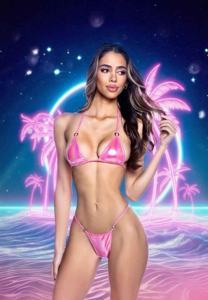 2PC Metallic Iridescent Bikini Set with Ring Detail