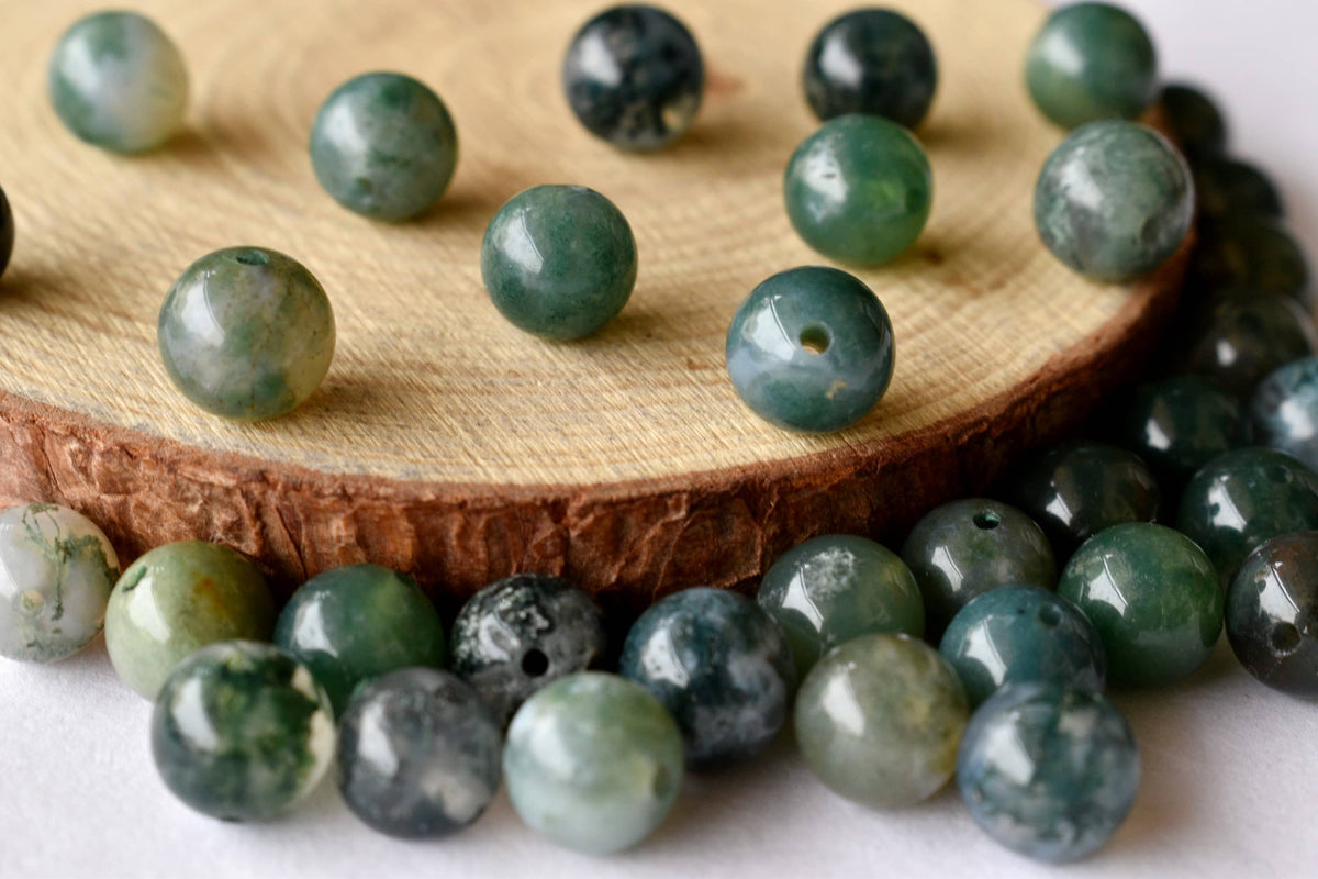 Moss Agate Beads, Natural Round Crystal Beads 4mm to 12mm.  DestGlow