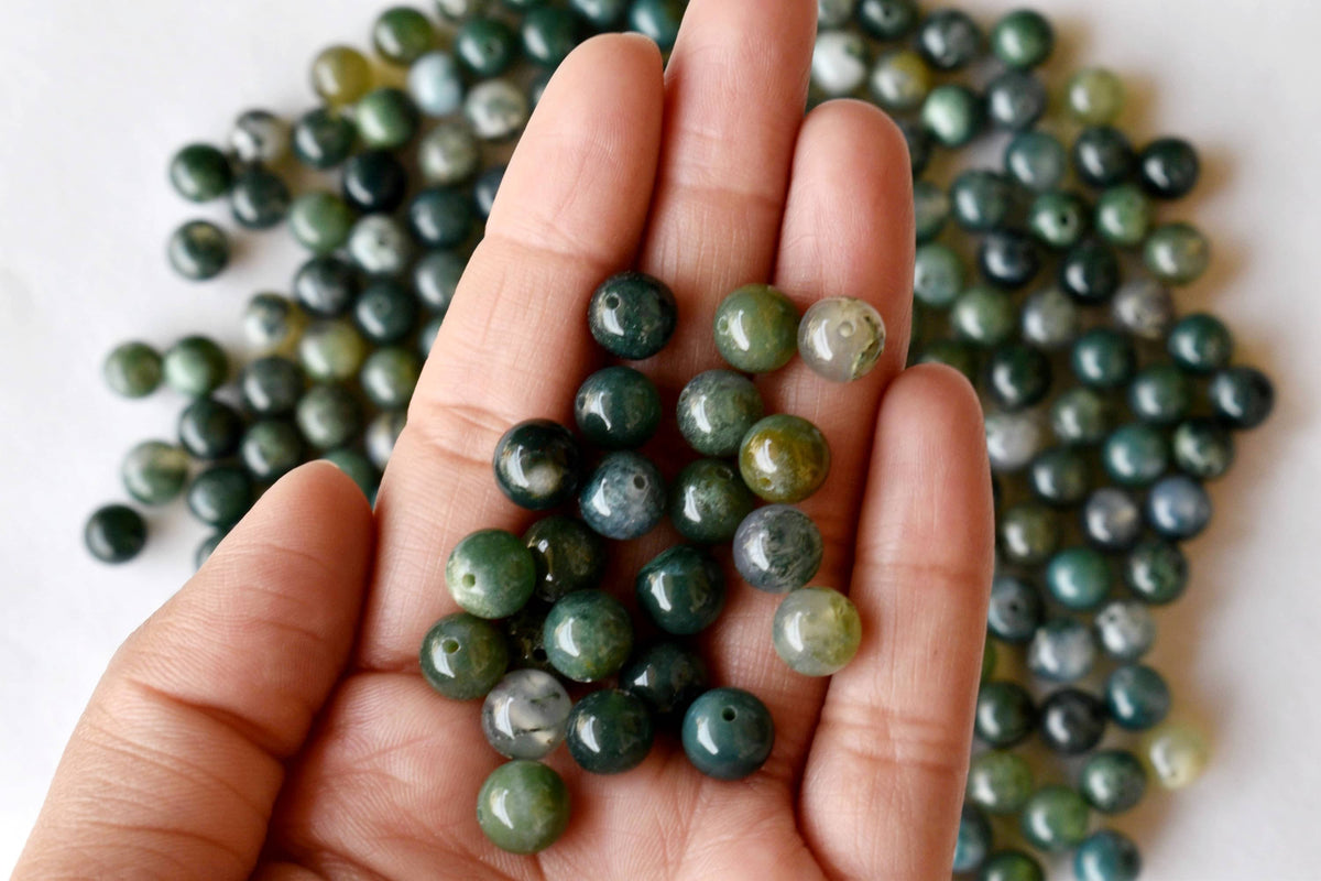 Moss Agate Beads, Natural Round Crystal Beads 4mm to 12mm.  DestGlow