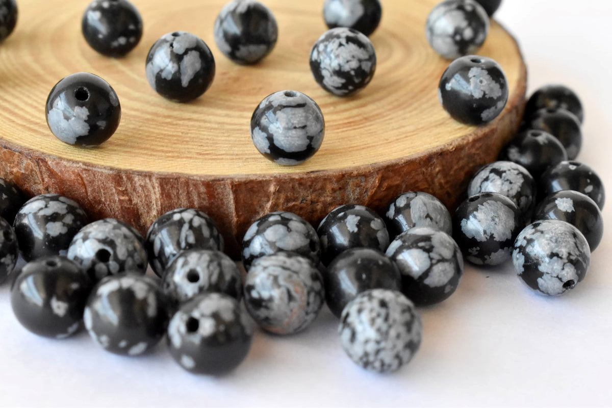 Snowflake Black Obsidian Beads, Natural Round Crystal Beads 4mm to 12mm  DestGlow