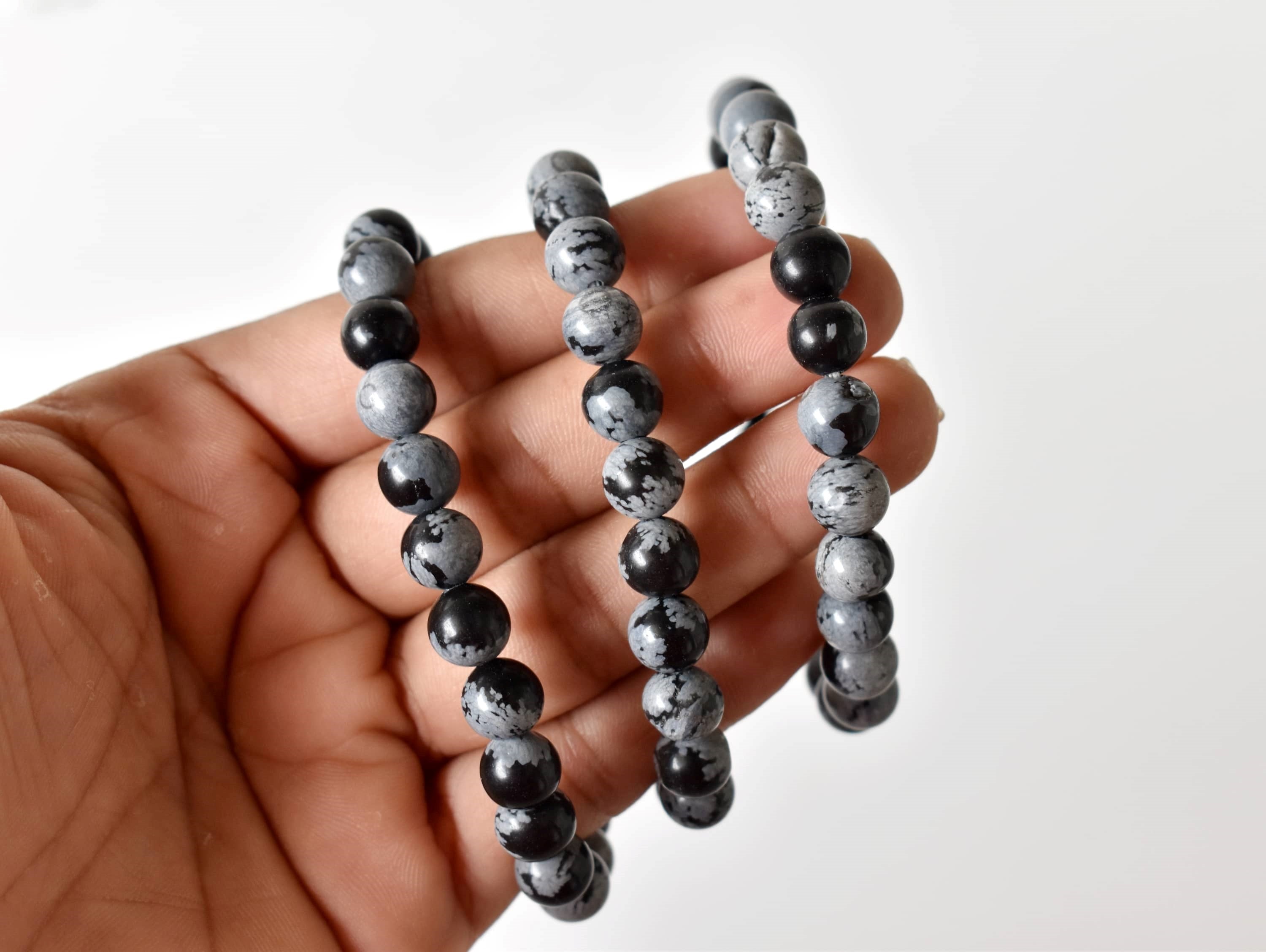 8mm Crystal Bracelet | Black Snowflake Obsidian Healing Gemstone Bracelet  DestGlow
