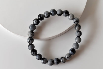 8mm Crystal Bracelet | Black Snowflake Obsidian Healing Gemstone Bracelet  DestGlow
