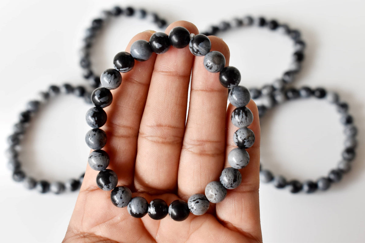 8mm Crystal Bracelet | Black Snowflake Obsidian Healing Gemstone Bracelet  DestGlow