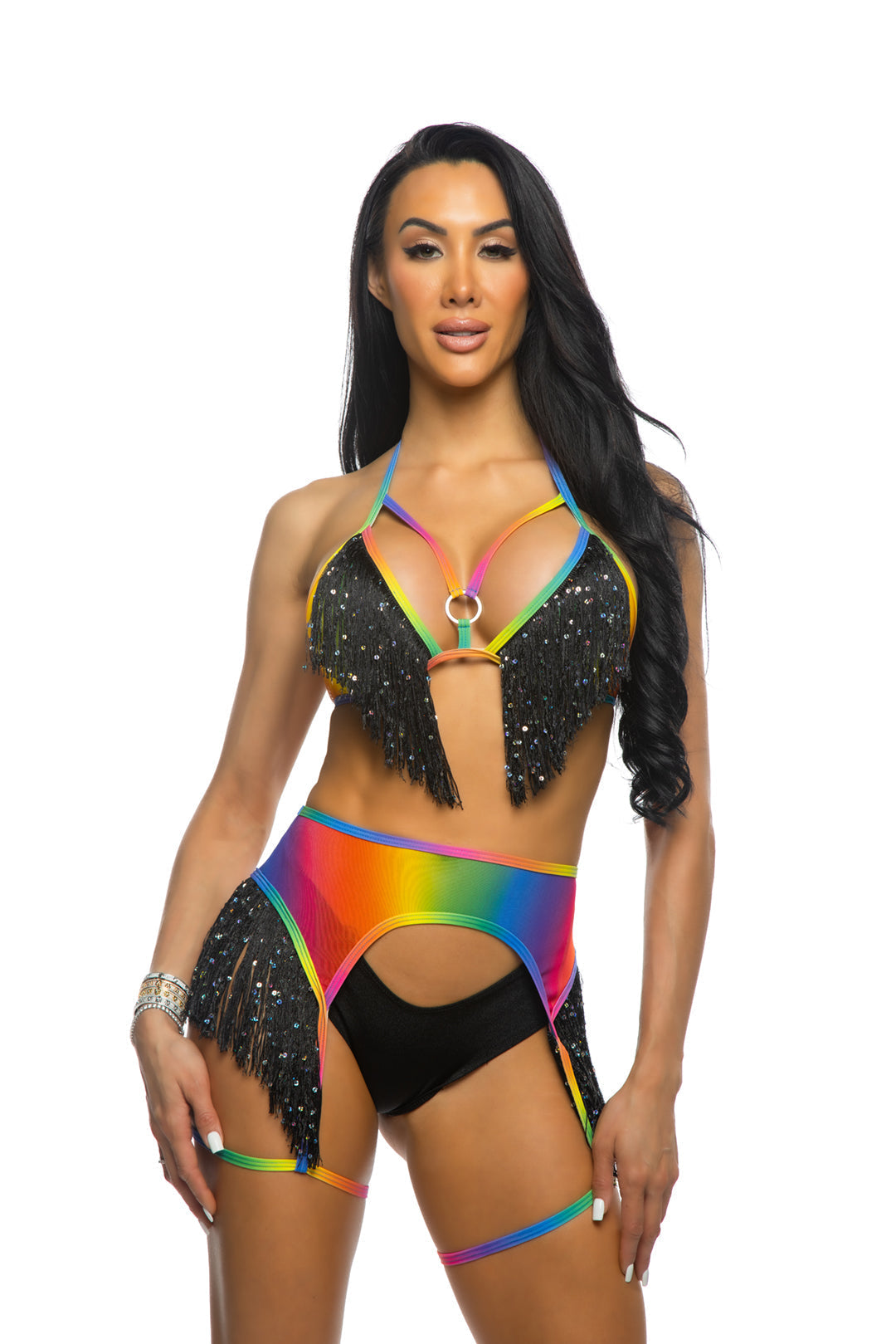 Rainbow Fringe Top, Garter &amp; Short Set