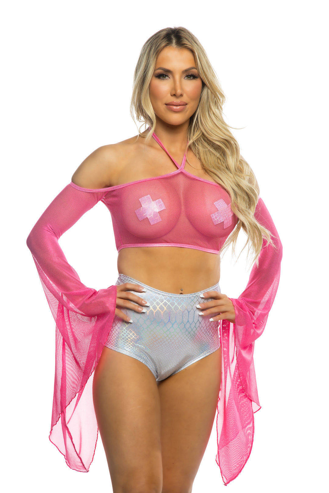 Coated Fishnet Flair Sleeve Halter by Rave Fix
